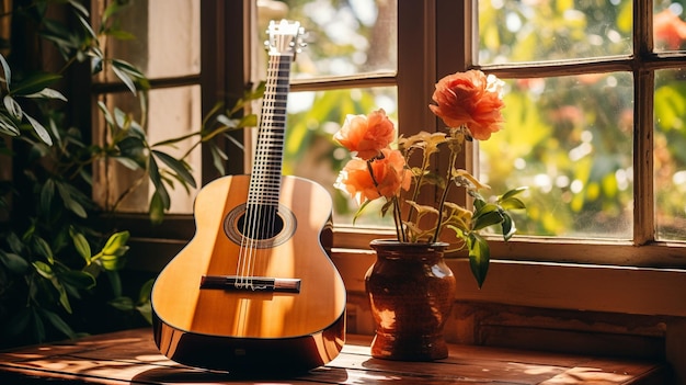 Guitar near the windows as background flower pots generated by AI