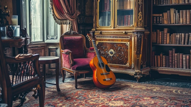 Фото Гитара на красном стуле музыкальный инструмент, опирающийся на сиденье