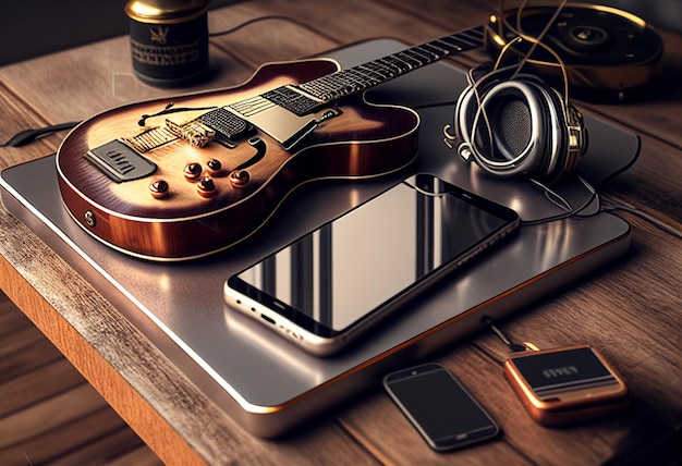 A guitar and a phone are on a laptop with a bottle of beer behind it.