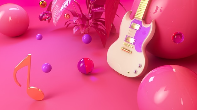 Foto chitarra nello spazio rosa 3d rendering illustrazione