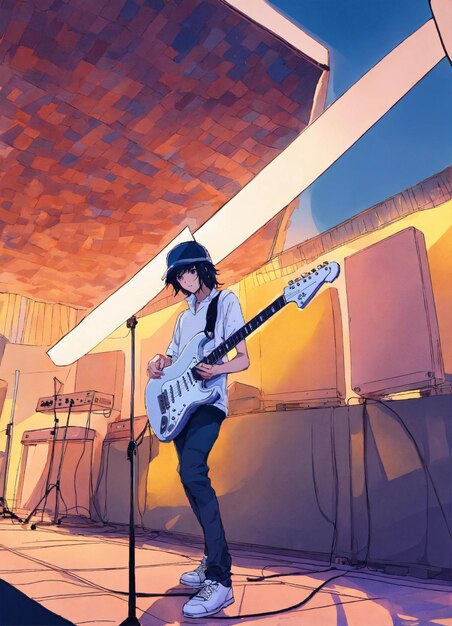 Photo guitar player colorful stratocaster teenager stage background cell shaded anime style