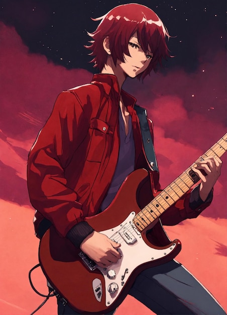 guitar player colorful Stratocaster teenager stage background cell shaded anime style