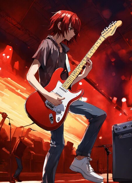 guitar player colorful Stratocaster teenager stage background cell shaded anime style
