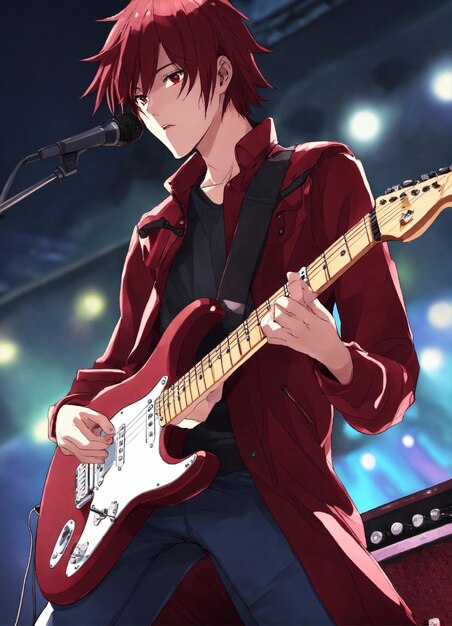 guitar player colorful Stratocaster teenager stage background cell shaded anime style