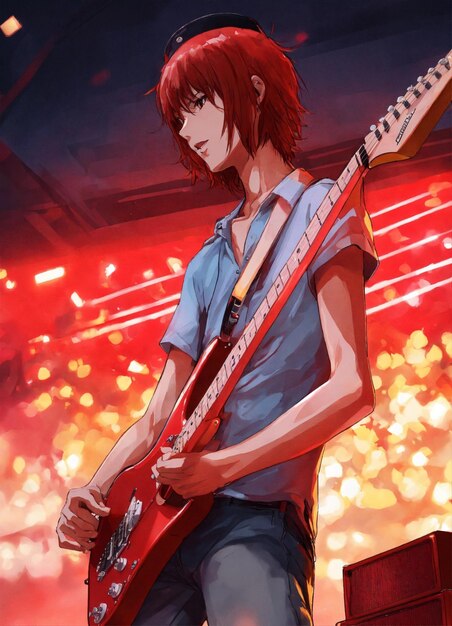 Guitar player colorful stratocaster teenager stage background cell shaded anime style