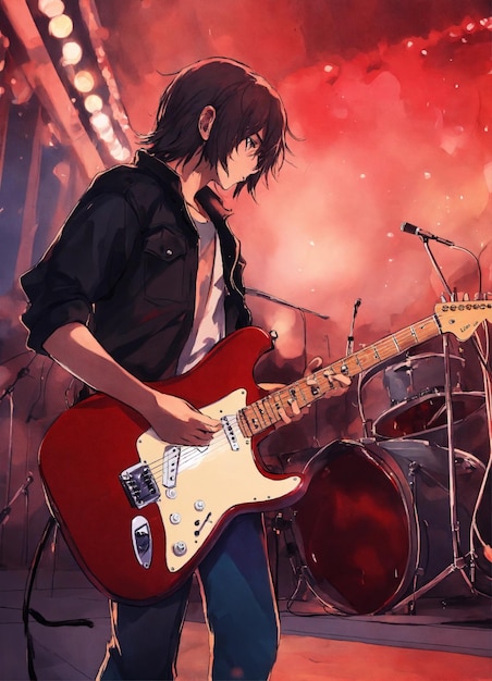 guitar player colorful Stratocaster teenager stage background cell shaded anime style