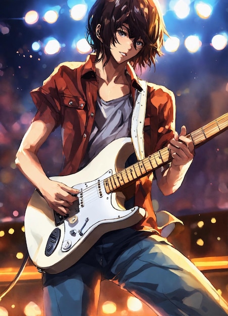 guitar player colorful Stratocaster teenager stage background cell shaded anime style