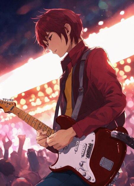 guitar player colorful Stratocaster teenager stage background cell shaded anime style