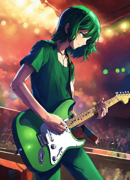Guitar player colorful stratocaster teenager stage background cell shaded anime style