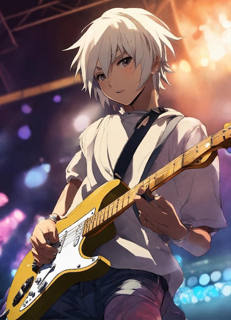 ギター奏者のカラフルなストラトカスターティーンエイジャーのステージ背景のセル アニメスタイルの影