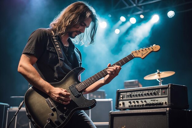 A guitar player making rock during concert Rock band performs on stage Guitarist plays solo