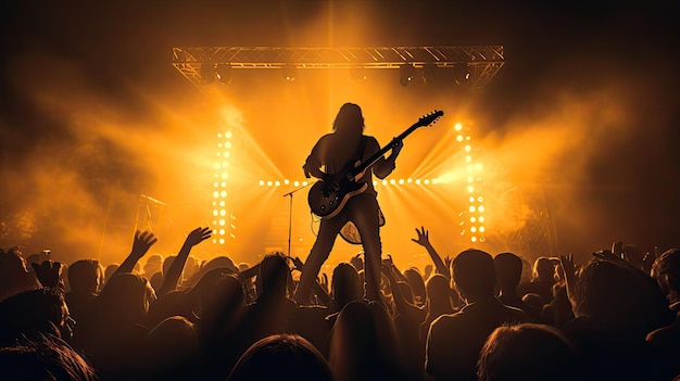 Guitar player performing on stage with crowd in front