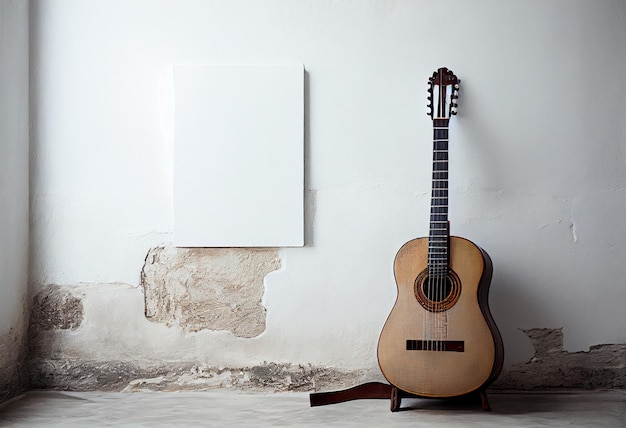 Guitar propped in front of a white wallpaper