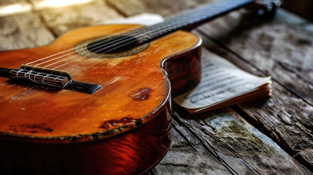 Guitar Resting on Wooden Table in a WellLit Room