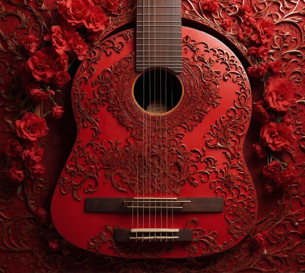 Guitar and roses on a red background closeup