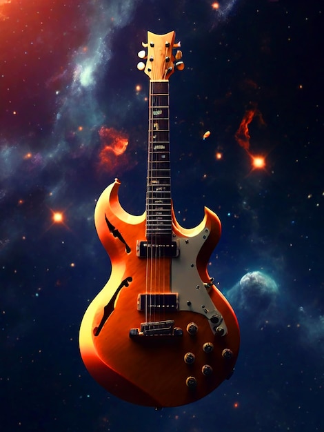 Гитара стреляет музыкальными нотами в звезду в космосе в качестве 4k изображения