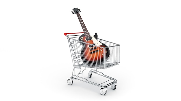 A guitar in a shopping cart on a white background