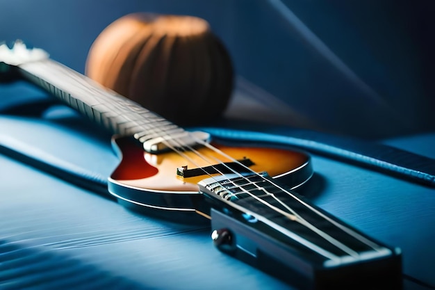 A guitar sits on a blue surface with a pumpkin on the top.