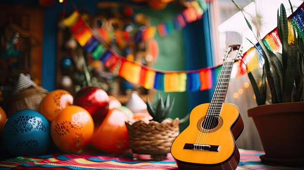 Photo a guitar sits next to an orange and a basket of fruit