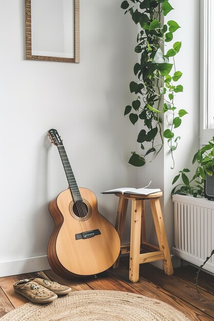 Foto una chitarra si siede accanto a una pianta e una pianta in vaso