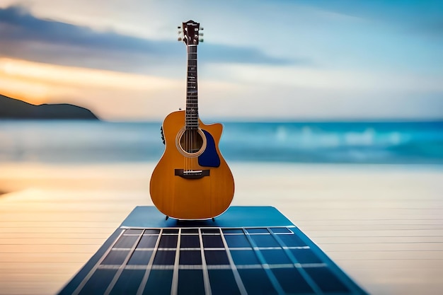 A guitar sits on a solar panel with the ocean in the background.