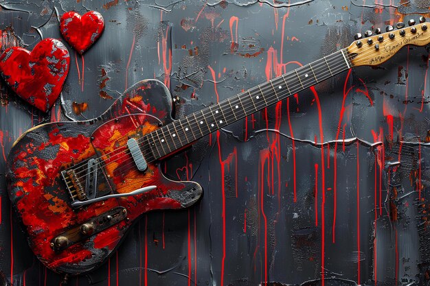 Photo a guitar sitting on top of a table covered in blood