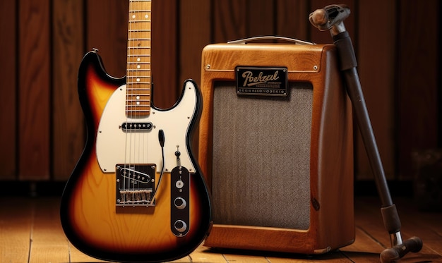 A guitar and amp sitting on a wooden floor