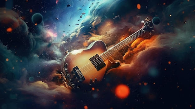 A guitar in a space with a cloud background