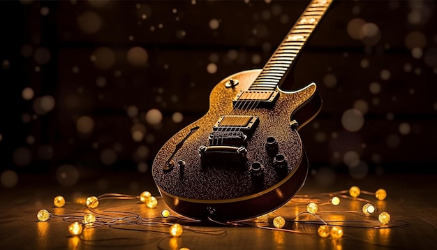 Photo a guitar on a stage with lights on the floor