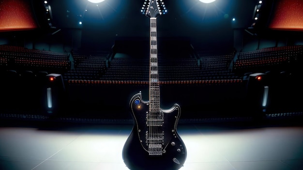 A guitar on a stage with a spotlight on it