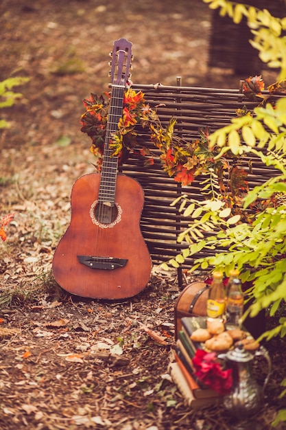 A guitar stands near a wicker fence entwined with autumn leaves.