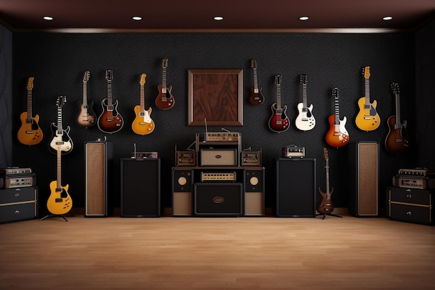 A guitar store with a wall of guitars hanging from the ceiling.