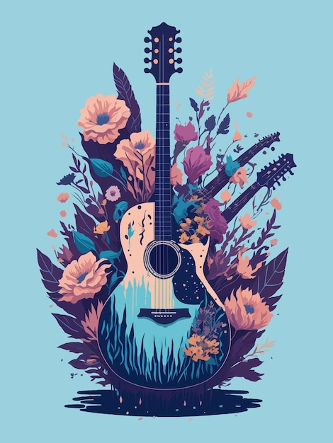 A guitar surrounded by flowers illustration