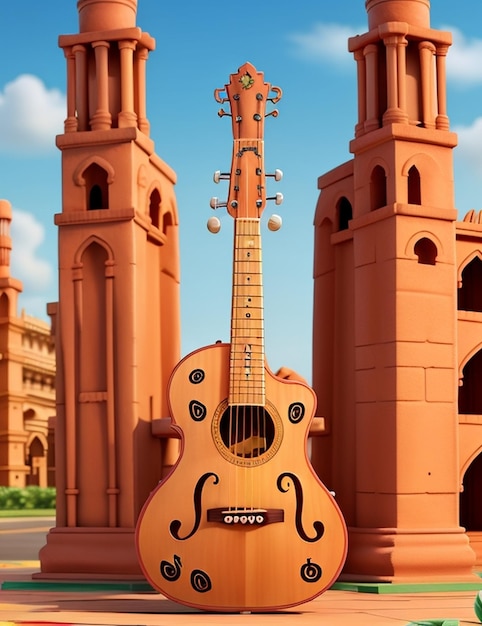 Photo a guitar that has a picture of a church in the background