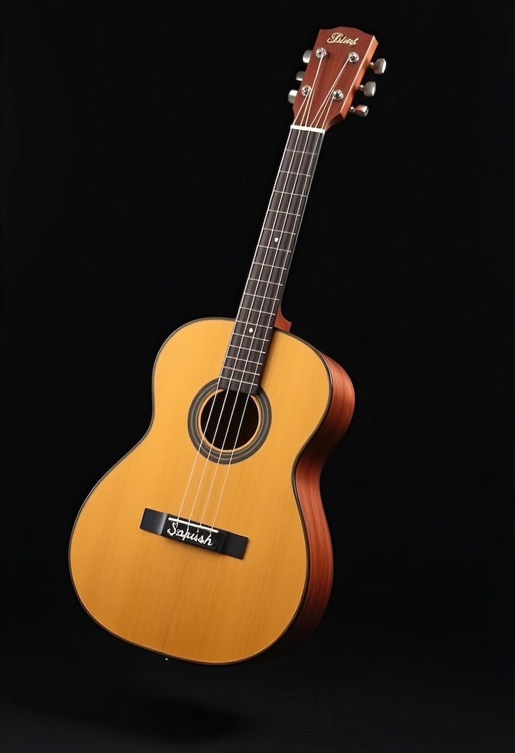 Photo a guitar that says  the name of the company  on the front