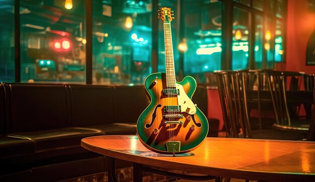 Foto una chitarra sopra un tavolo di legno in un bar