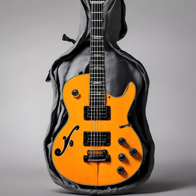 A guitar with a black case that says'the word " on it.