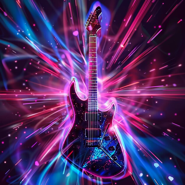 a guitar with a blue and purple background and a blue and purple light