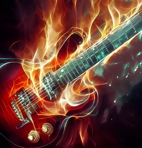 Foto una chitarra con un corpo di fuoco e corde di