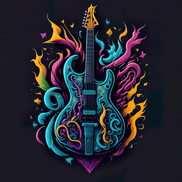 A guitar with a colorful design that says'guitar'on it