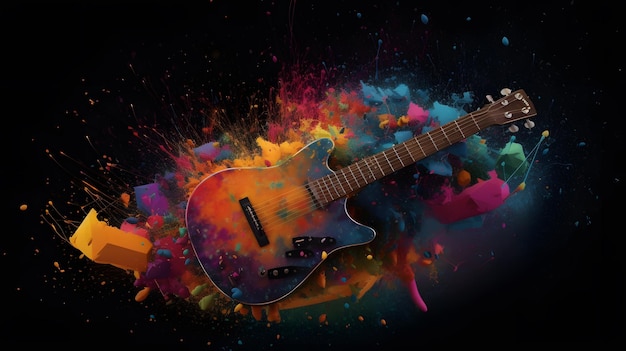 A guitar with a colorful splash of paint in the background