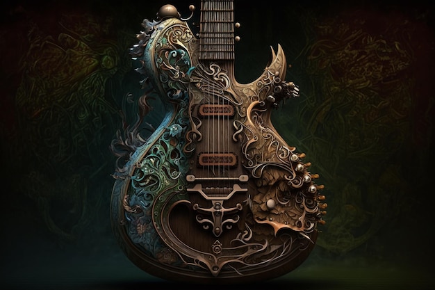 A guitar with a dragon design on it