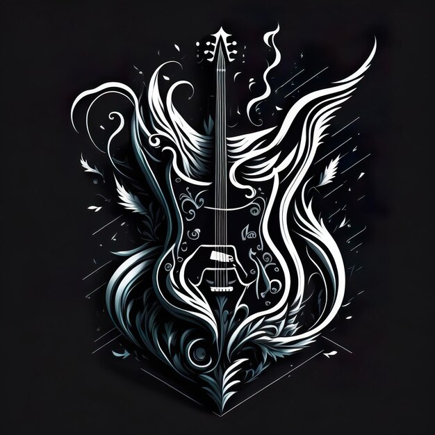 Photo a guitar with a dragon on it is drawn on a black background.