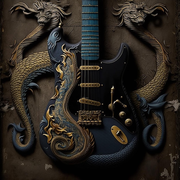 A guitar with a dragon on it