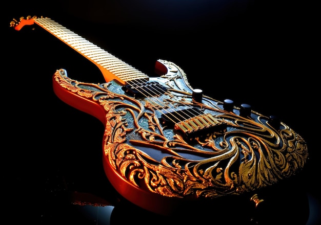 ギターの上にドラゴンが描かれている