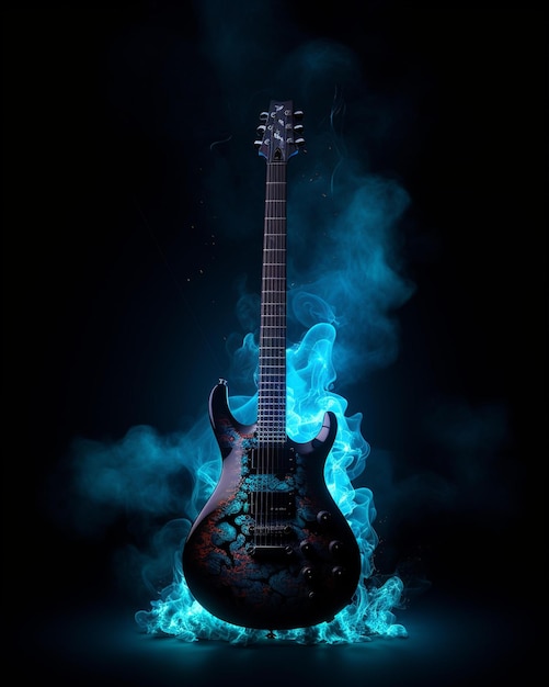 A guitar with a flame on it and the word guitar on the bottom.