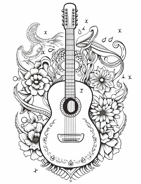 Photo a guitar with flowers and birds on it generative ai