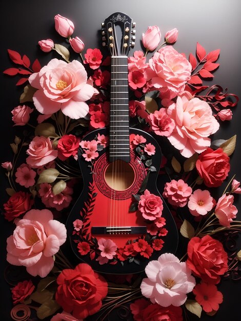 Photo guitar with flowers on black background