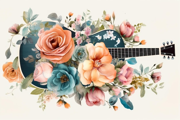 花とギター 手描き水彩イラスト 白い背景で隔離 ジェネレーティブ AI
