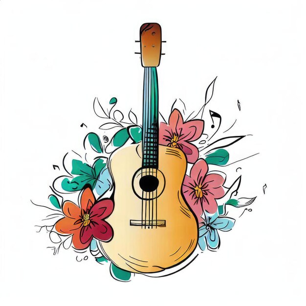 Photo a guitar with flowers and the word music on it